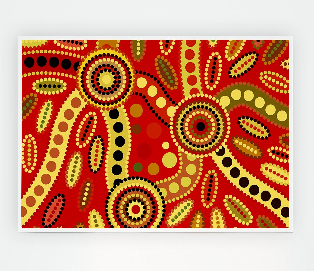 Vibrant Aboriginal Red Tribal poster on high-quality canvas, showcasing intricate tribal patterns.