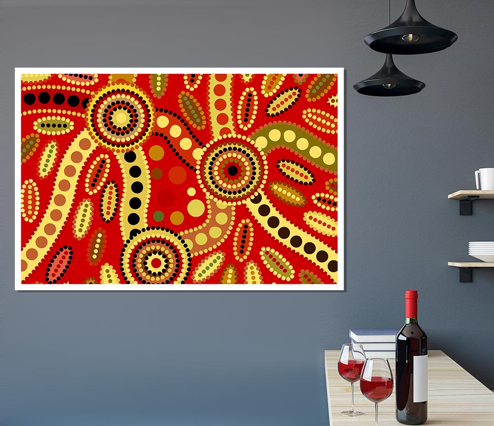 Vibrant Aboriginal Red Tribal poster on high-quality canvas, showcasing intricate tribal patterns.