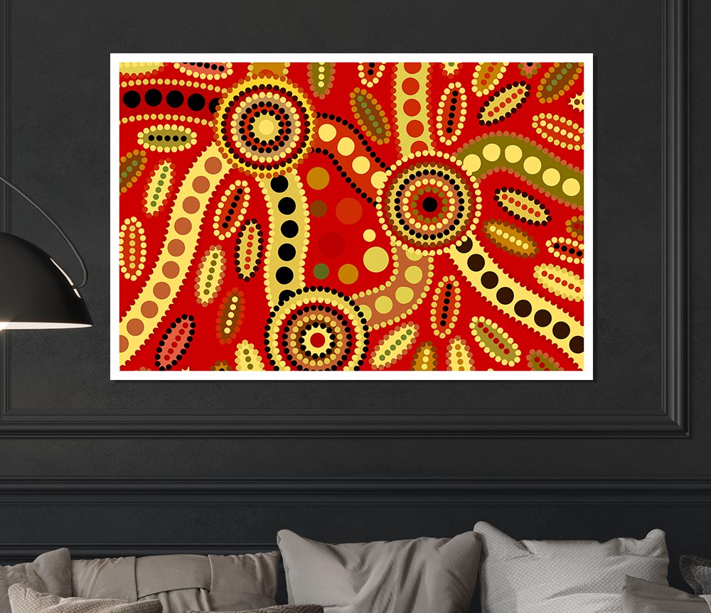 Vibrant Aboriginal Red Tribal poster on high-quality canvas, showcasing intricate tribal patterns.