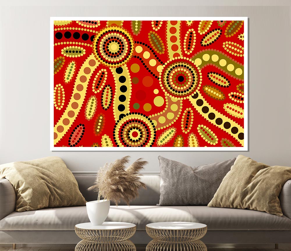 Vibrant Aboriginal Red Tribal poster on high-quality canvas, showcasing intricate tribal patterns.