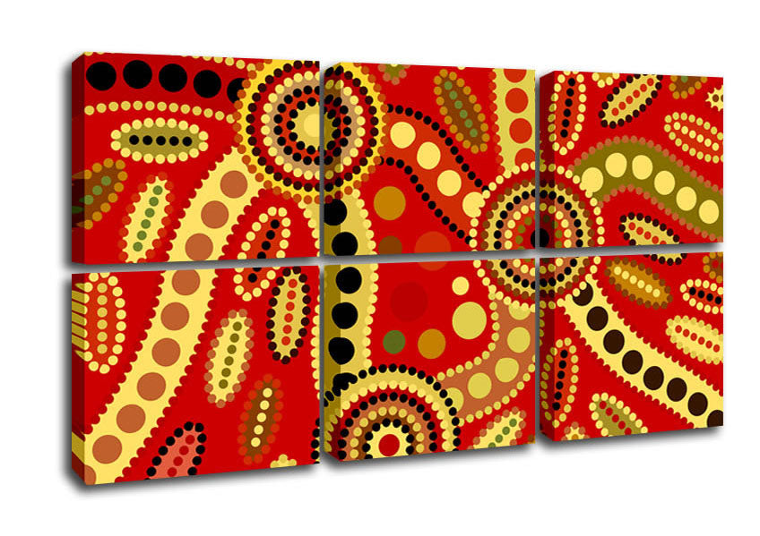 Vibrant Aboriginal Red Tribal canvas art mounted on a sturdy frame, showcasing intricate tribal patterns.