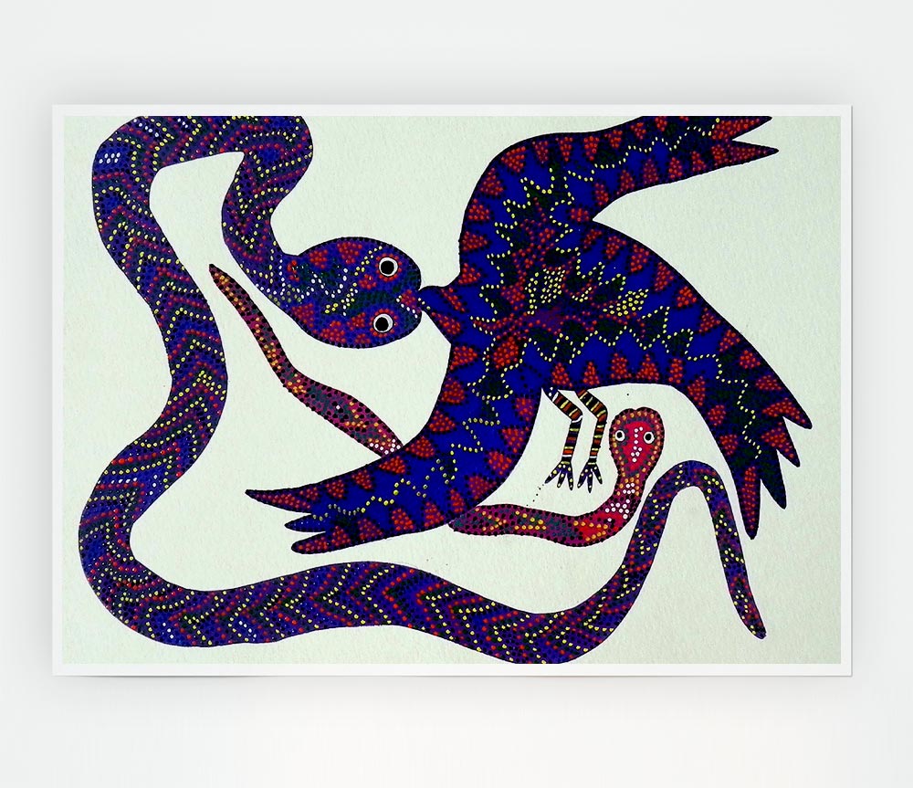 Aboriginal Snake Bird poster on high-quality canvas showcasing vibrant colors and intricate details.