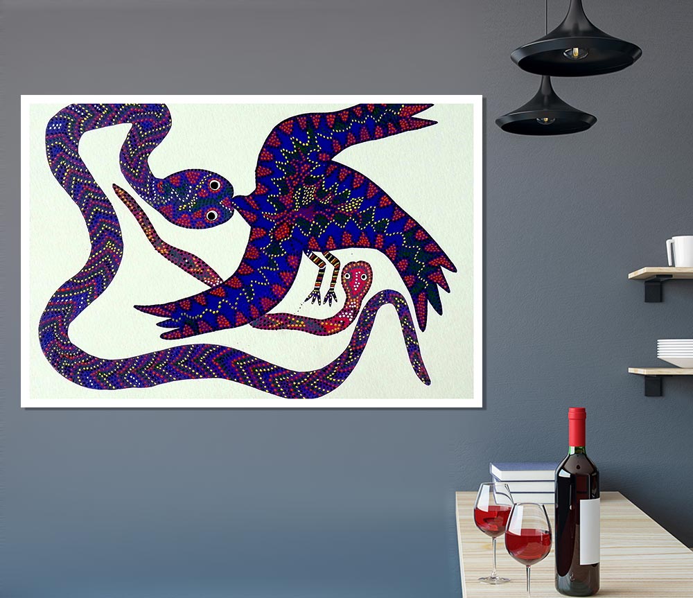 Aboriginal Snake Bird poster on high-quality canvas showcasing vibrant colors and intricate details.