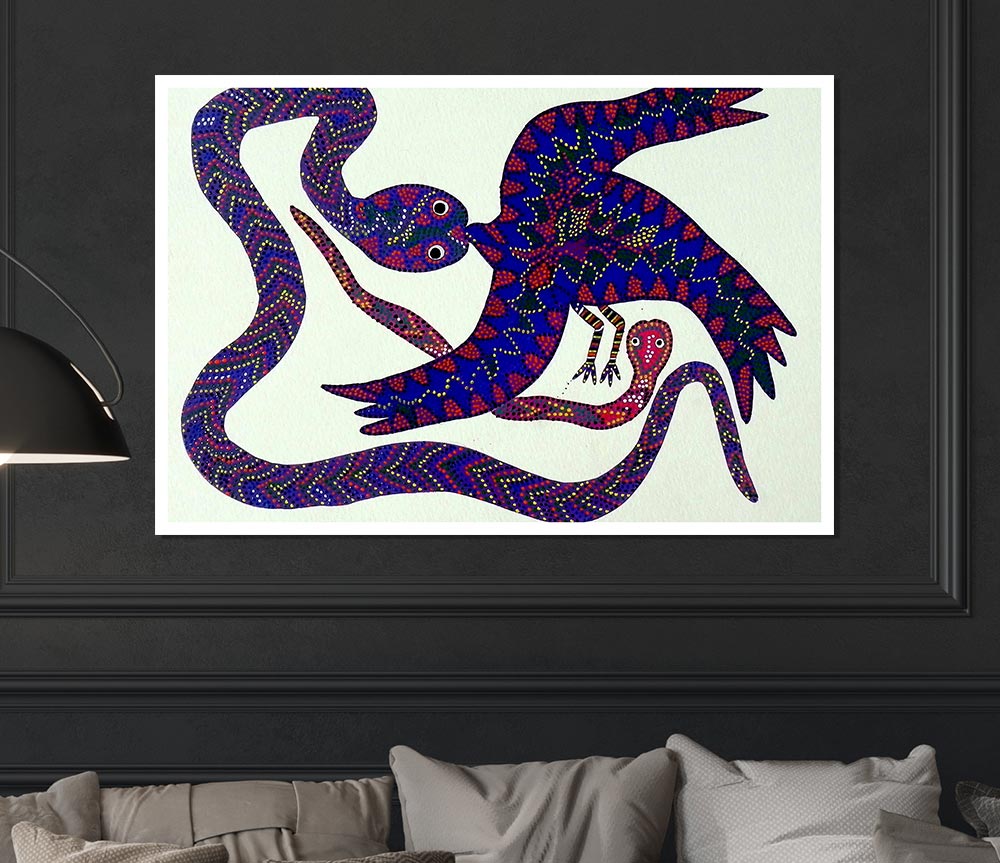 Aboriginal Snake Bird poster on high-quality canvas showcasing vibrant colors and intricate details.