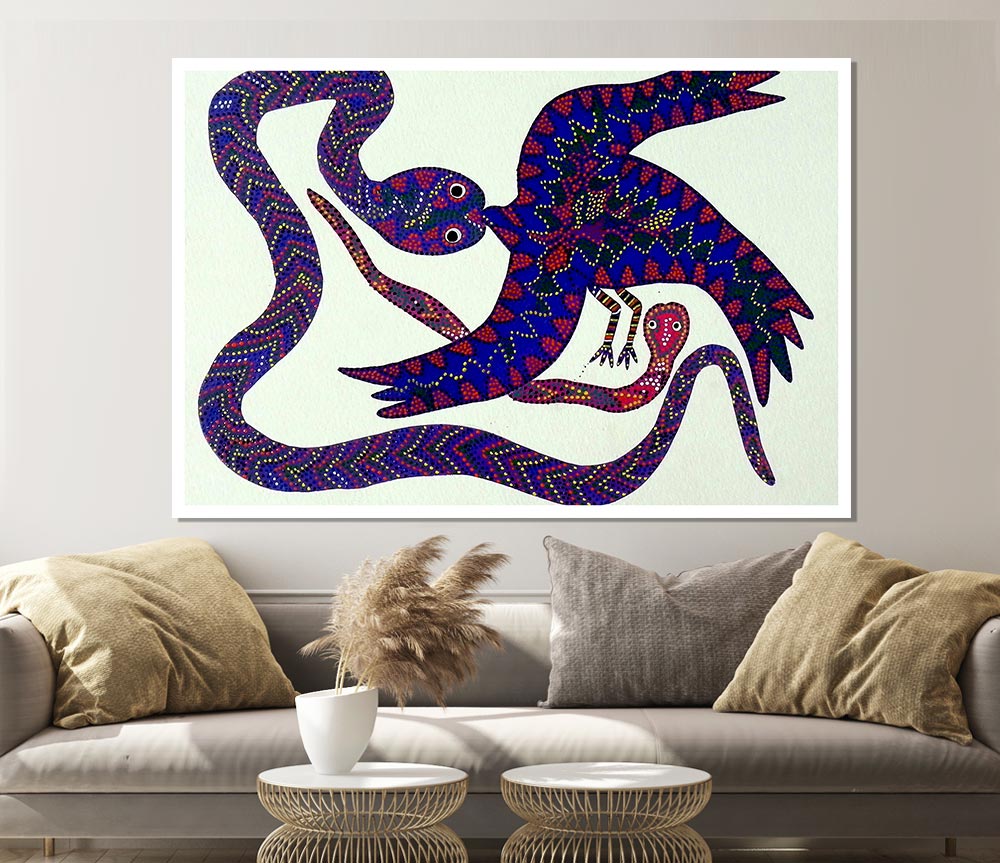 Aboriginal Snake Bird poster on high-quality canvas showcasing vibrant colors and intricate details.