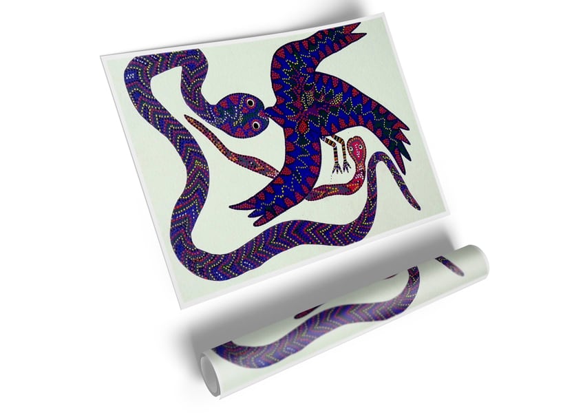 Aboriginal Snake Bird poster on high-quality canvas showcasing vibrant colors and intricate details.