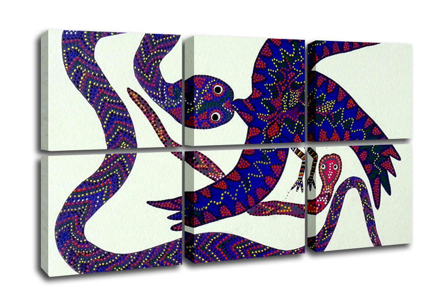 Vibrant Aboriginal Snake Bird canvas art mounted on a box frame, showcasing intricate details and colors.