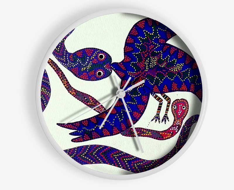 Aboriginal Snake Bird clock made from natural bamboo with a round face and clear Plexiglas lens, available in black, white, and natural frame colors.