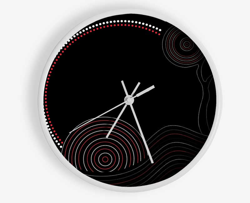 Aboriginal Sunset Tree clock made from natural bamboo with a unique sunset design, featuring a clear Plexiglas lens and black or white hands.