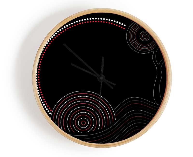 Aboriginal Sunset Tree clock made from natural bamboo with a unique sunset design, featuring a clear Plexiglas lens and black or white hands.