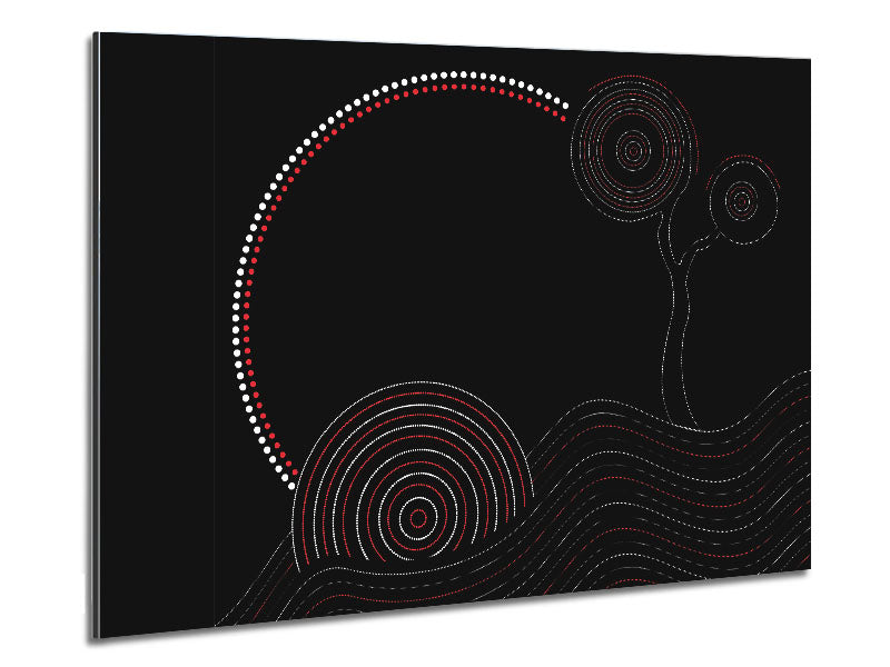 Aboriginal Sunset Tree artwork printed on brushed aluminium dibond, showcasing vibrant colors and intricate details.