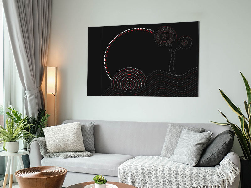 Aboriginal Sunset Tree artwork printed on brushed aluminium dibond, showcasing vibrant colors and intricate details.