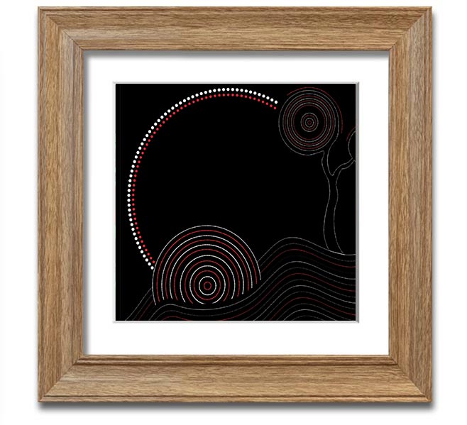 A beautifully framed Aboriginal Sunset Tree print showcasing vibrant sunset colors and a silhouetted tree, ready to hang.