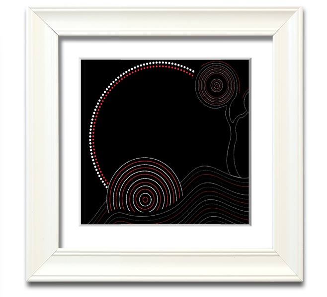 A beautifully framed Aboriginal Sunset Tree print showcasing vibrant sunset colors and a silhouetted tree, ready to hang.