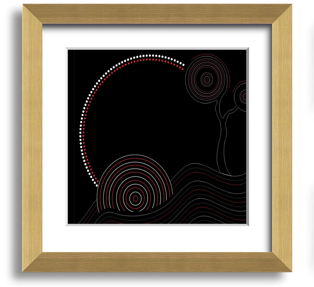 A beautifully framed Aboriginal Sunset Tree print showcasing vibrant sunset colors and a silhouetted tree, ready to hang.