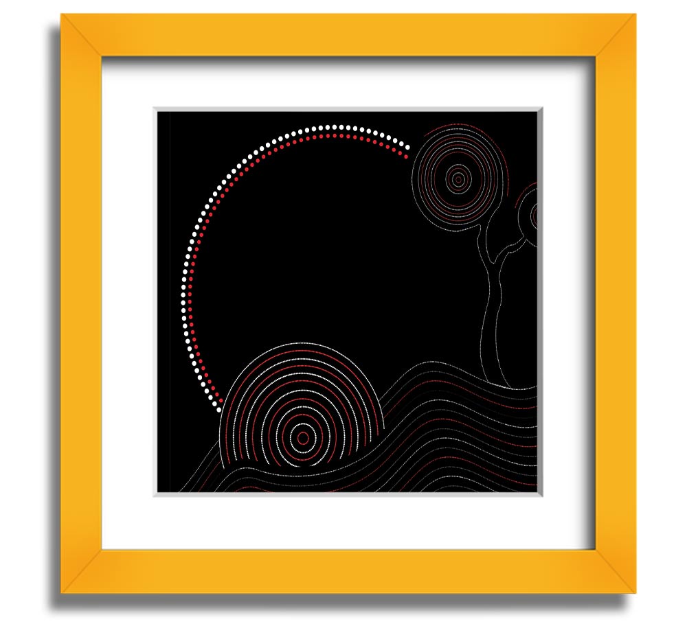 A beautifully framed Aboriginal Sunset Tree print showcasing vibrant sunset colors and a silhouetted tree, ready to hang.