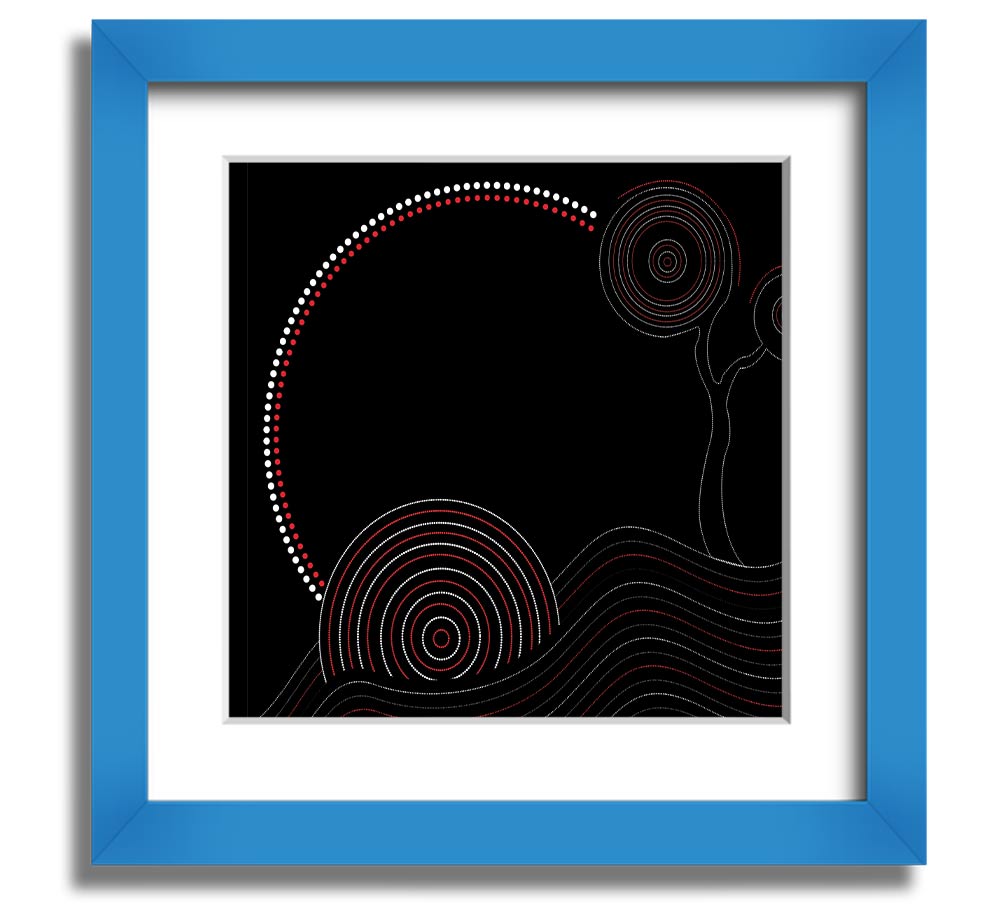 A beautifully framed Aboriginal Sunset Tree print showcasing vibrant sunset colors and a silhouetted tree, ready to hang.