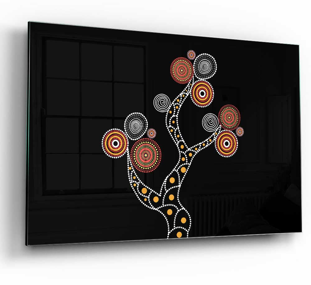 Aboriginal Tree 1 glass print featuring a modern design with vibrant colors and intricate details of an Aboriginal tree motif.