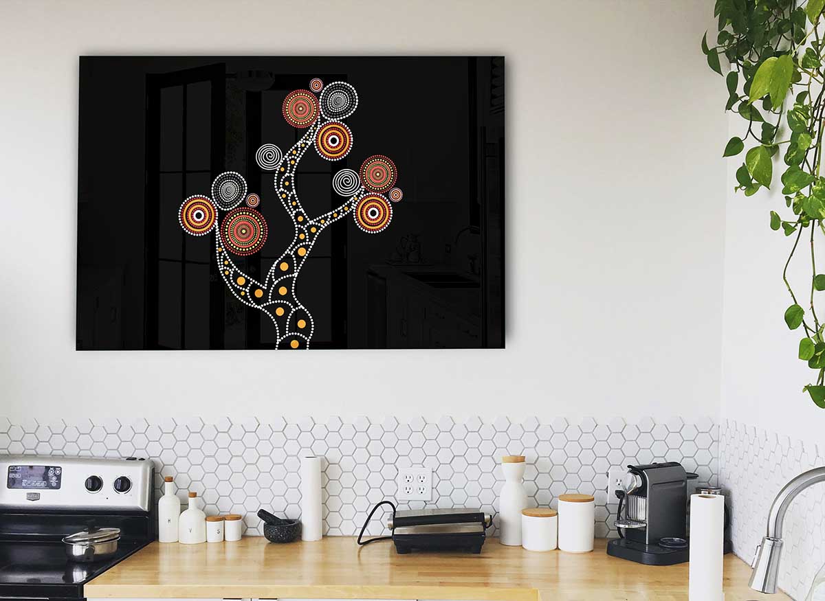 Aboriginal Tree 1 glass print featuring a modern design with vibrant colors and intricate details of an Aboriginal tree motif.