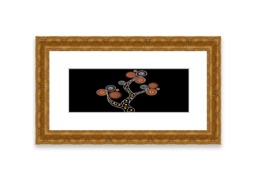 Framed Aboriginal Tree 1 print with intricate designs, available in various frame colours, ready to hang.