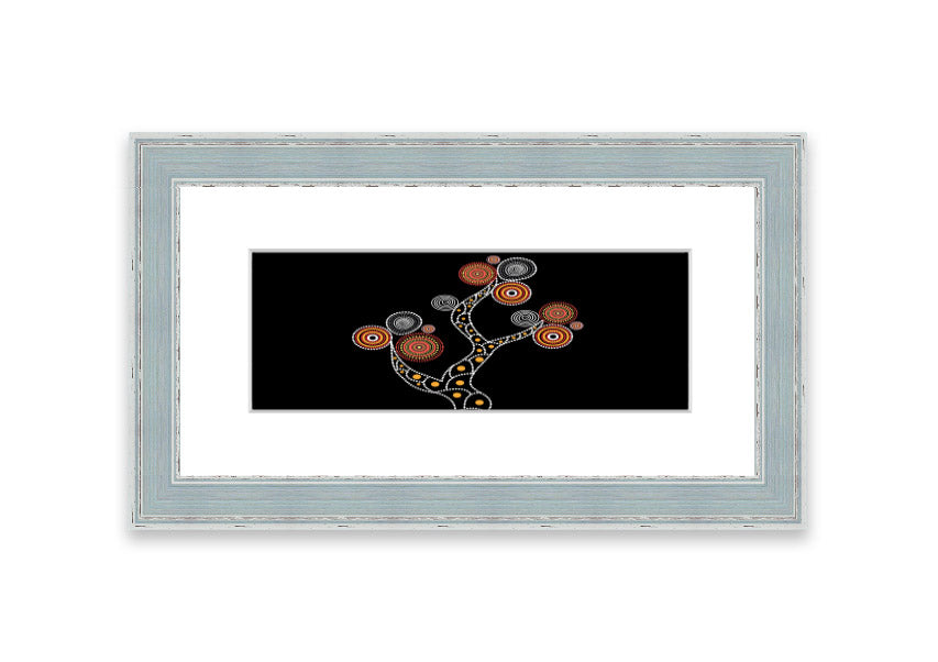 Framed Aboriginal Tree 1 print with intricate designs, available in various frame colours, ready to hang.