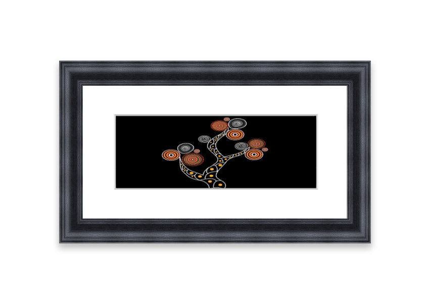 Framed Aboriginal Tree 1 print with intricate designs, available in various frame colours, ready to hang.