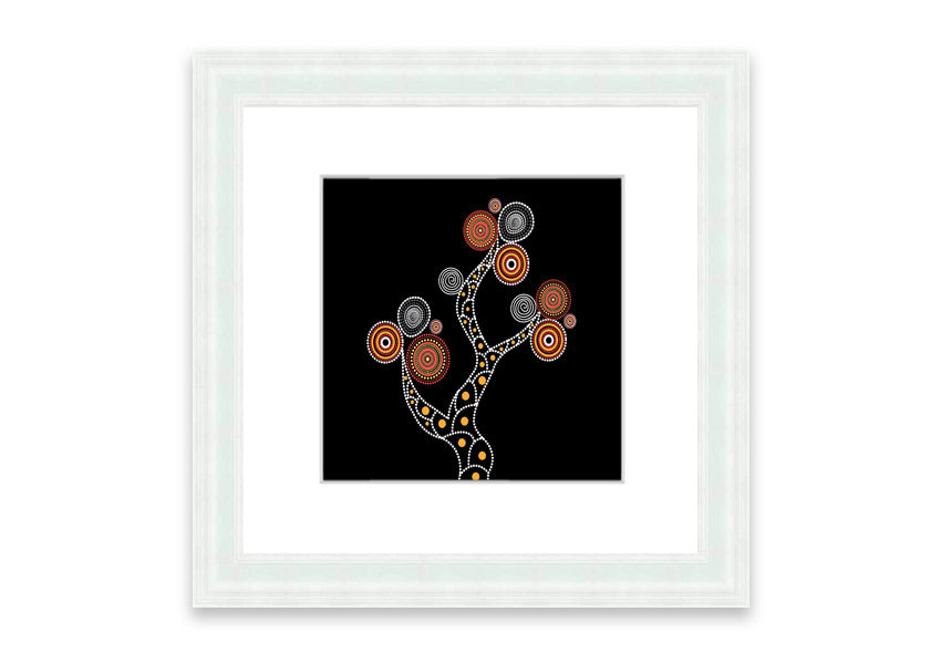 Framed Aboriginal Tree 1 print with intricate designs, available in various frame colours, ready to hang.