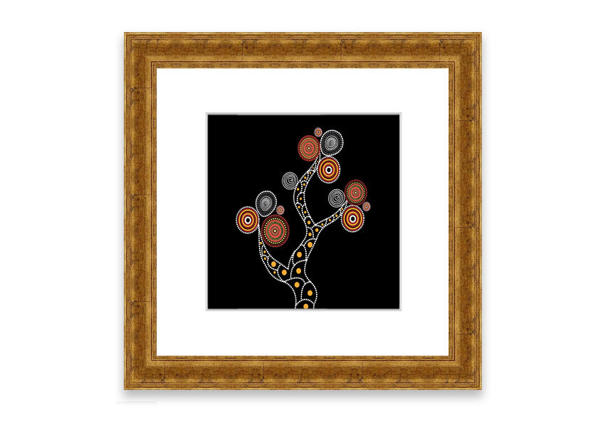 Framed Aboriginal Tree 1 print with intricate designs, available in various frame colours, ready to hang.