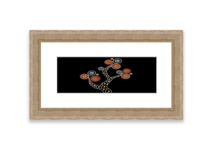 Framed Aboriginal Tree 1 print with intricate designs, available in various frame colours, ready to hang.