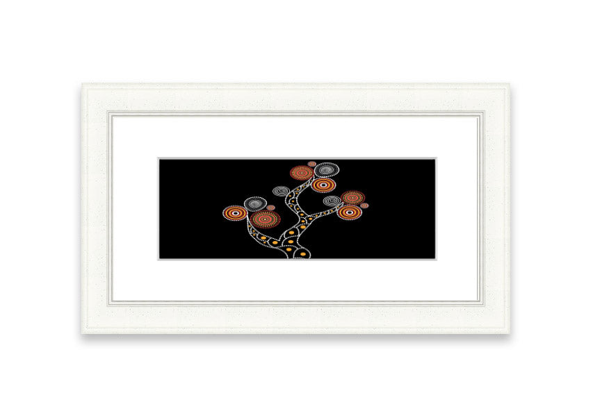 Framed Aboriginal Tree 1 print with intricate designs, available in various frame colours, ready to hang.