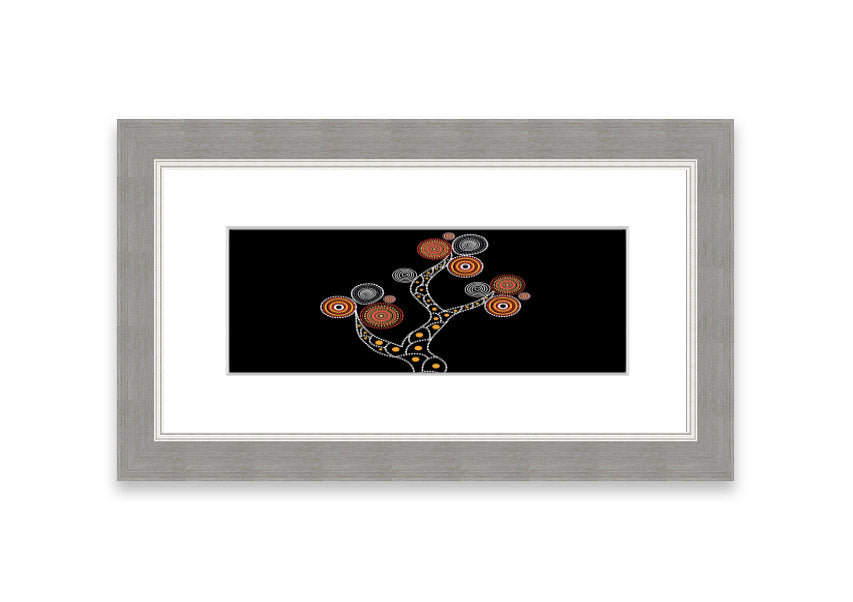 Framed Aboriginal Tree 1 print with intricate designs, available in various frame colours, ready to hang.