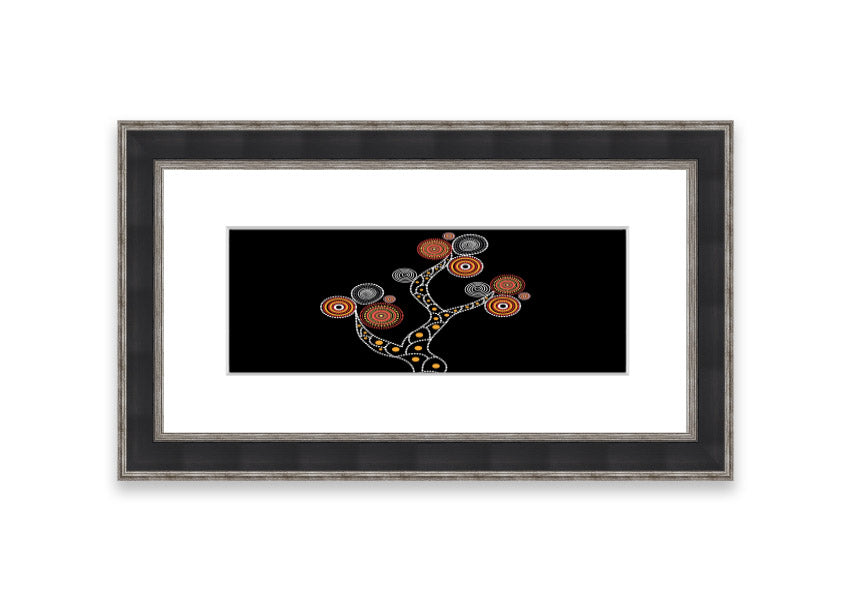 Framed Aboriginal Tree 1 print with intricate designs, available in various frame colours, ready to hang.