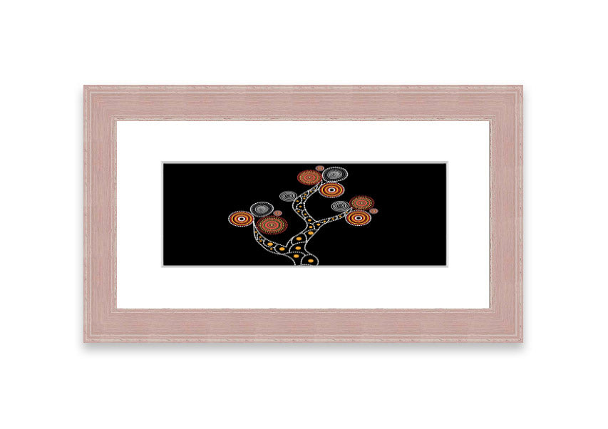 Framed Aboriginal Tree 1 print with intricate designs, available in various frame colours, ready to hang.