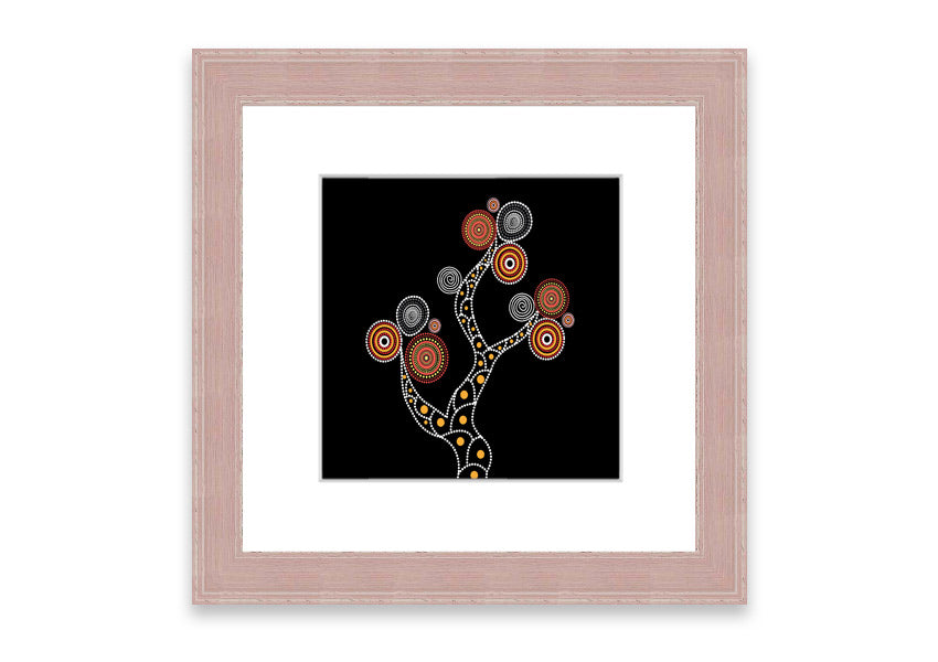 Framed Aboriginal Tree 1 print with intricate designs, available in various frame colours, ready to hang.