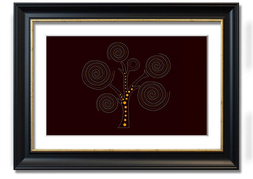 Framed Aboriginal Tree 3 print showcasing vibrant colors and intricate designs, ready to hang on a wall.