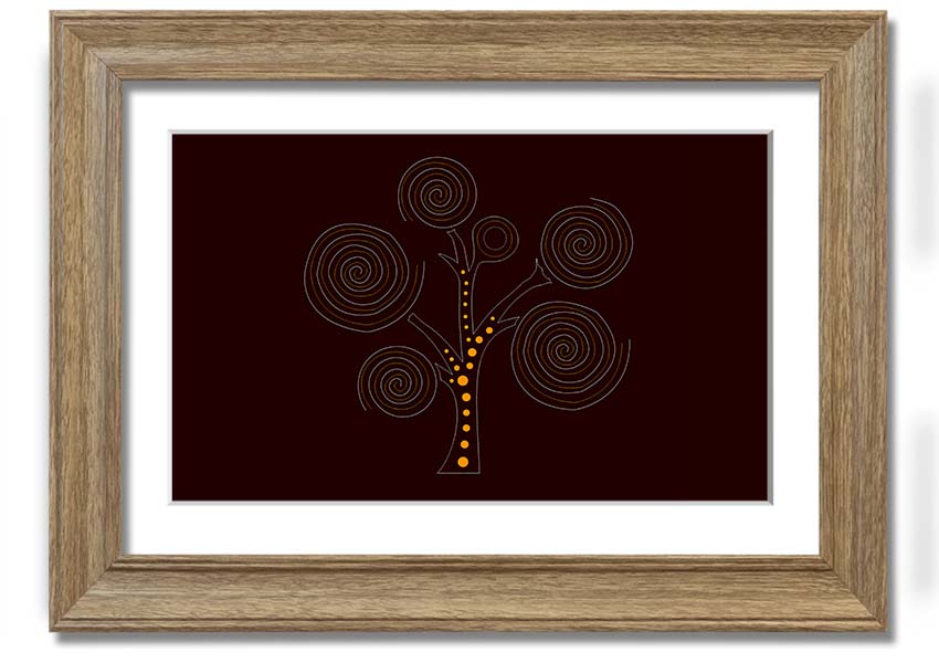 Framed Aboriginal Tree 3 print showcasing vibrant colors and intricate designs, ready to hang on a wall.