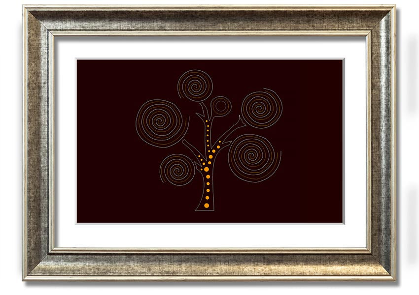 Framed Aboriginal Tree 3 print showcasing vibrant colors and intricate designs, ready to hang on a wall.