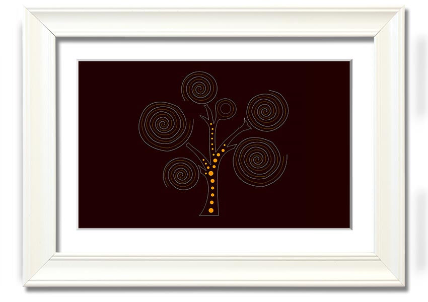 Framed Aboriginal Tree 3 print showcasing vibrant colors and intricate designs, ready to hang on a wall.