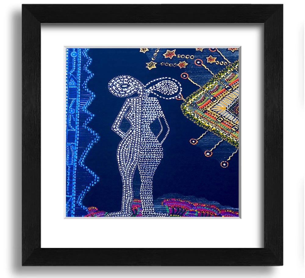 Aboriginal Twin Flame Square Framed Print showcasing intricate designs and vibrant colors, ready to hang.