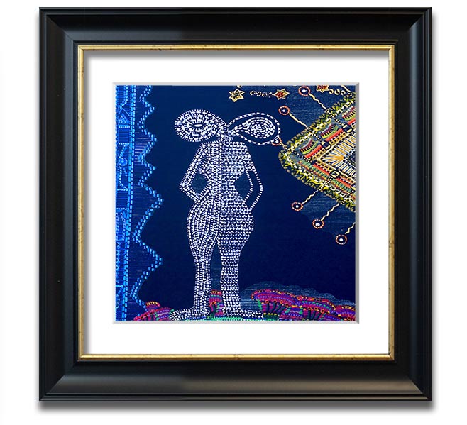 Aboriginal Twin Flame Square Framed Print showcasing intricate designs and vibrant colors, ready to hang.