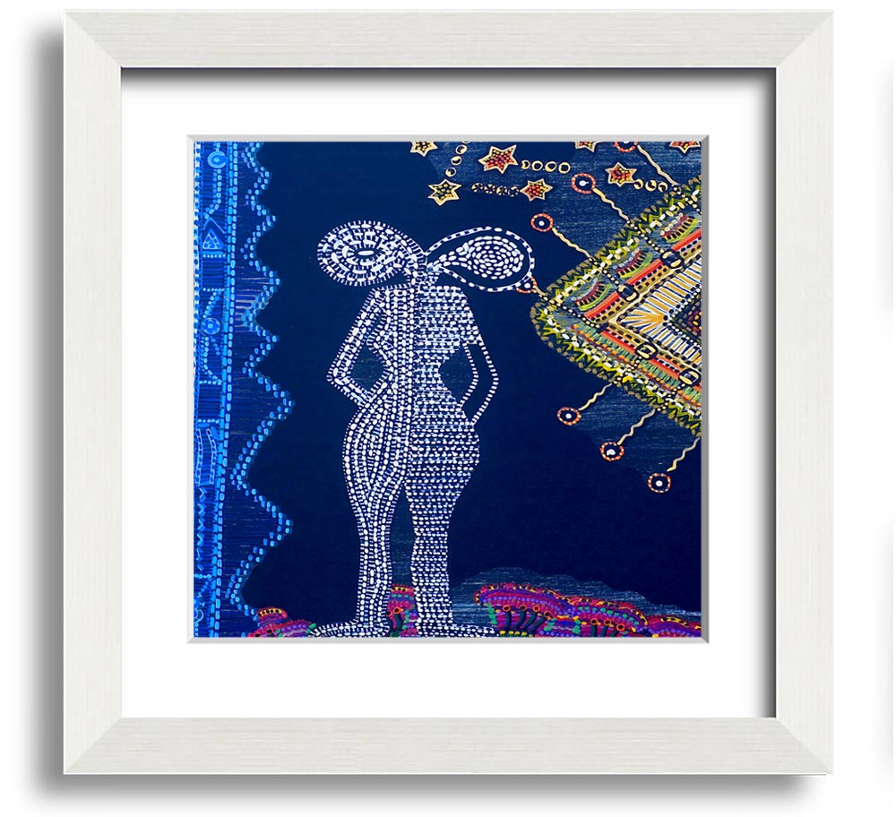 Aboriginal Twin Flame Square Framed Print showcasing intricate designs and vibrant colors, ready to hang.