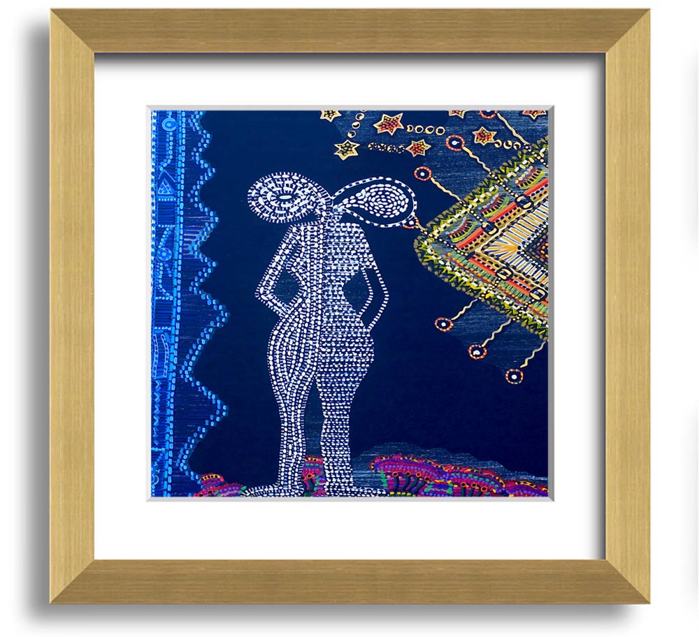 Aboriginal Twin Flame Square Framed Print showcasing intricate designs and vibrant colors, ready to hang.