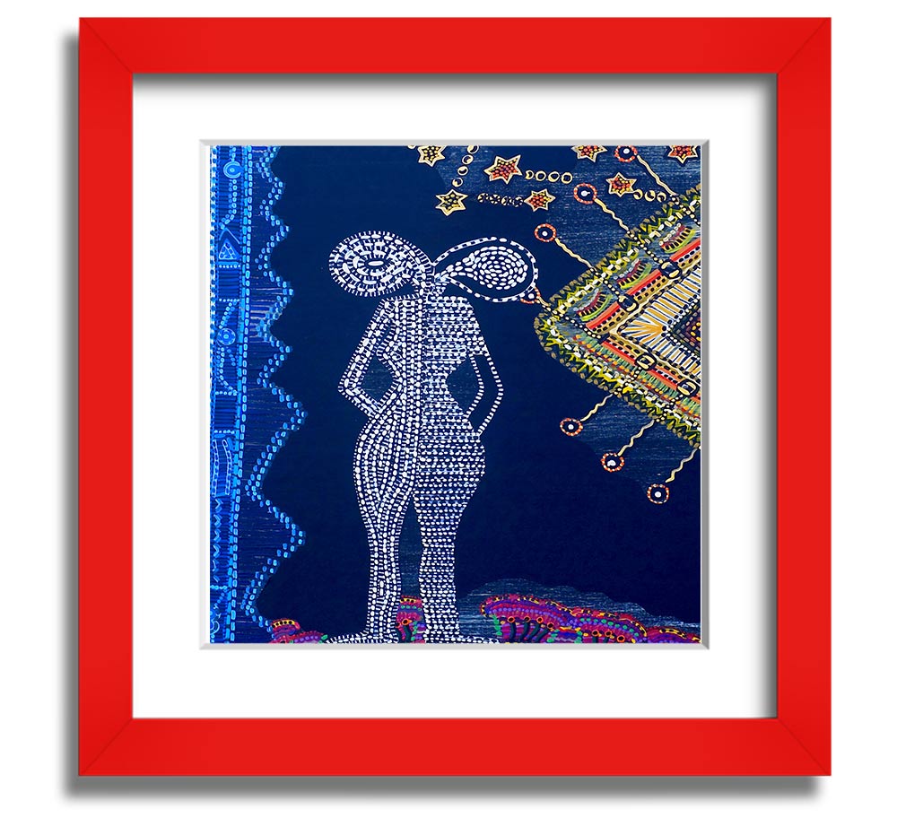 Aboriginal Twin Flame Square Framed Print showcasing intricate designs and vibrant colors, ready to hang.