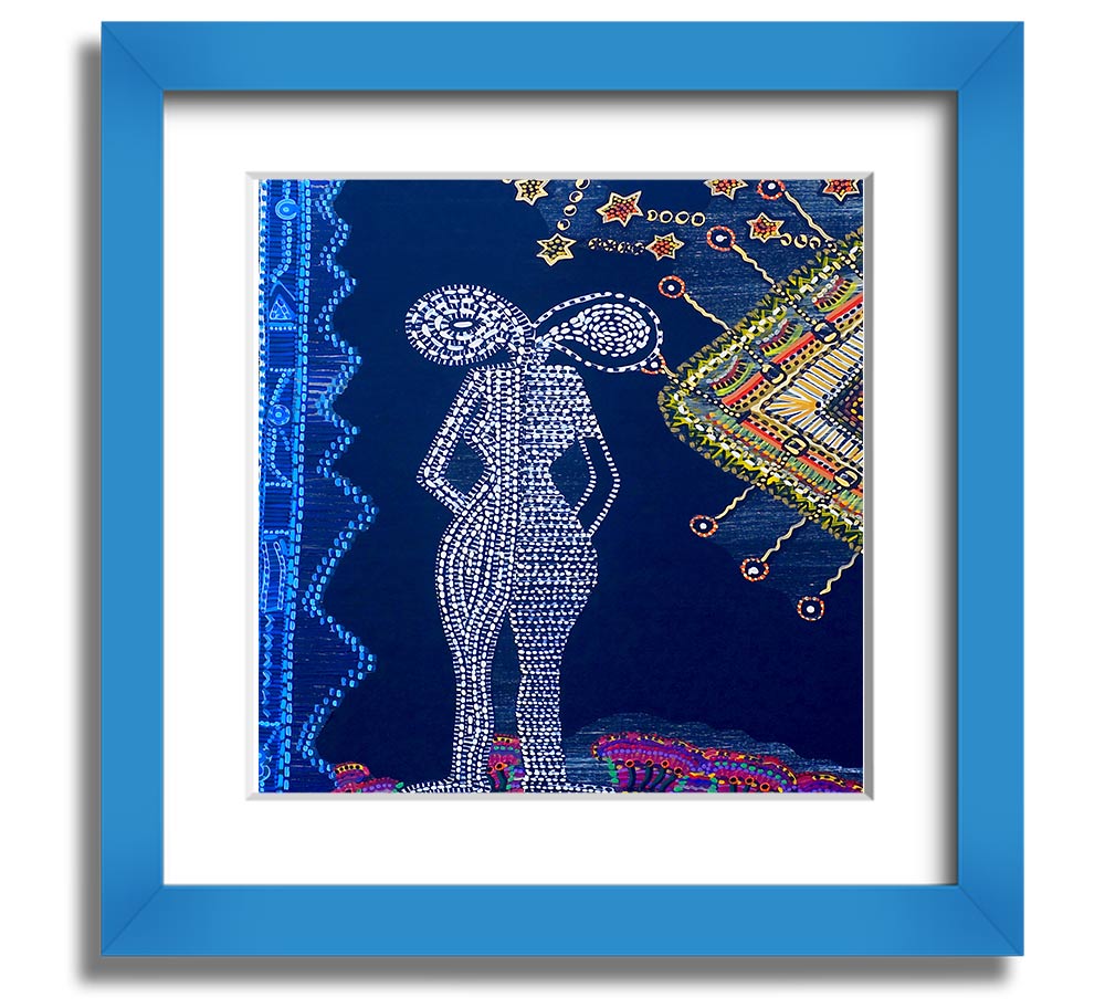 Aboriginal Twin Flame Square Framed Print showcasing intricate designs and vibrant colors, ready to hang.