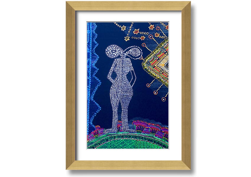 Framed Aboriginal Twin Flame print showcasing vibrant colors and intricate designs, ready to hang.