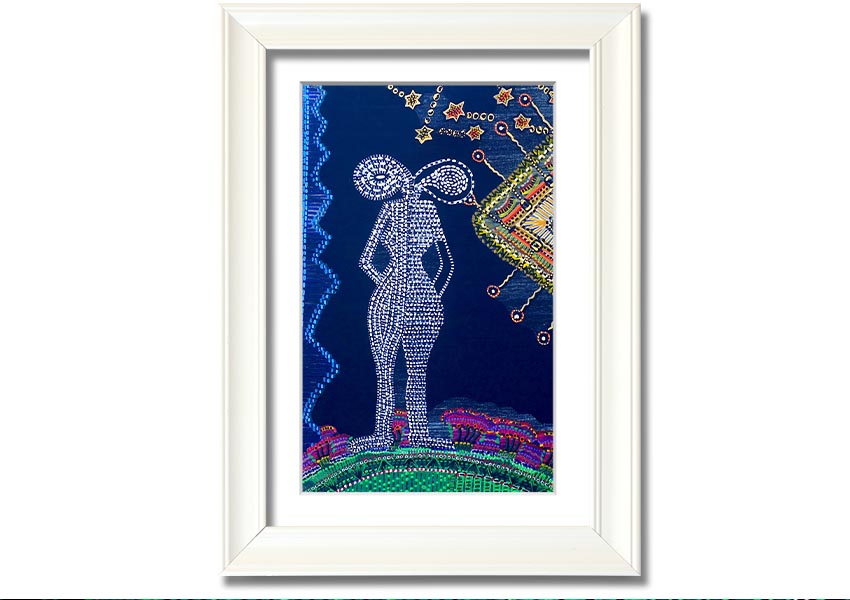 Framed Aboriginal Twin Flame print showcasing vibrant colors and intricate designs, ready to hang.