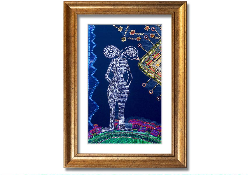 Framed Aboriginal Twin Flame print showcasing vibrant colors and intricate designs, ready to hang.