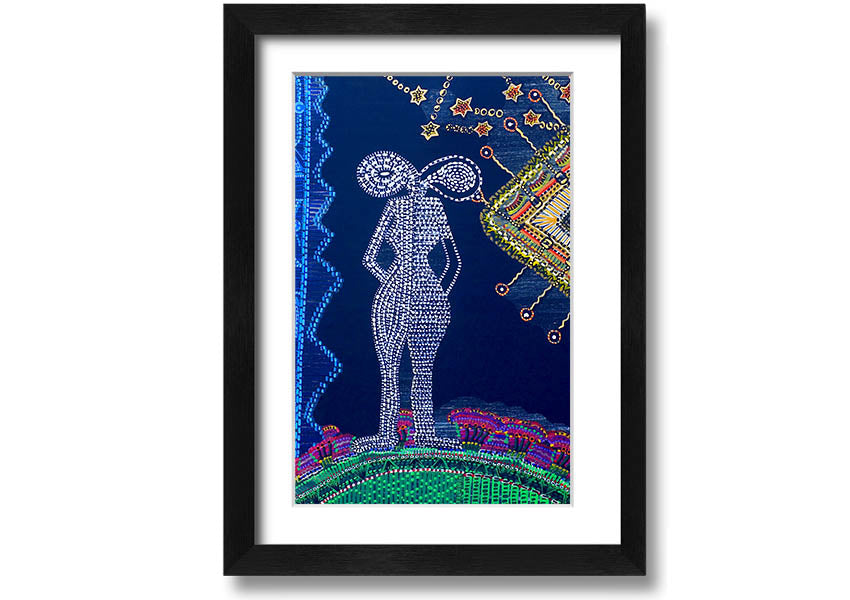 Framed Aboriginal Twin Flame print showcasing vibrant colors and intricate designs, ready to hang.