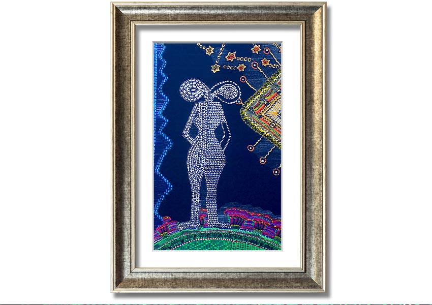 Framed Aboriginal Twin Flame print showcasing vibrant colors and intricate designs, ready to hang.