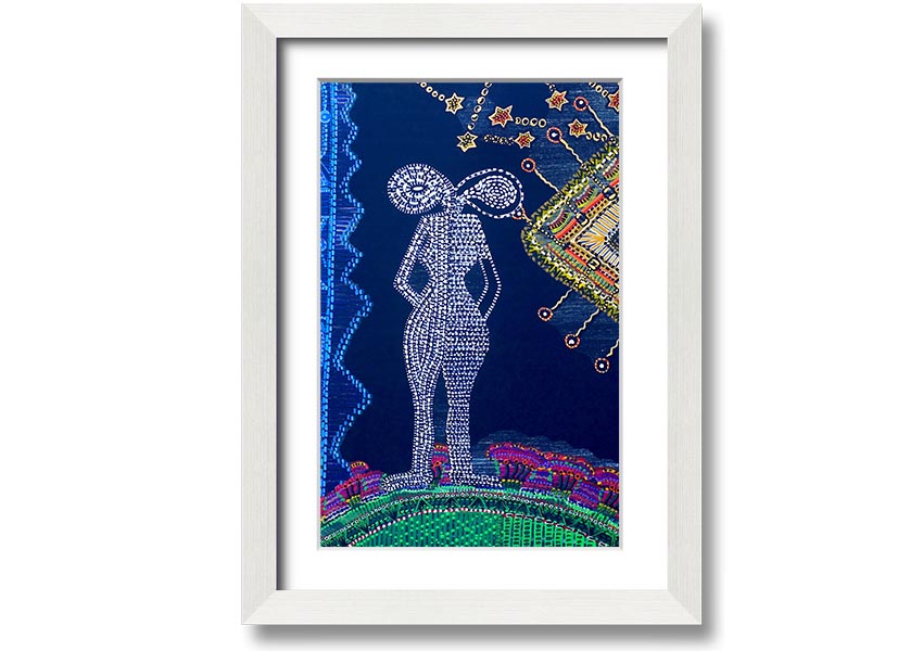 Framed Aboriginal Twin Flame print showcasing vibrant colors and intricate designs, ready to hang.